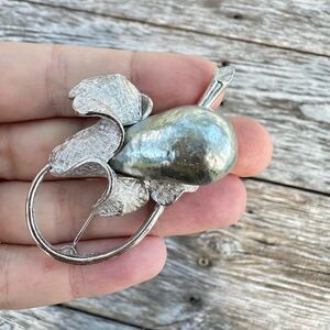 Vintage Silver Tone Iris Flower Brooch Pin Baroque Pearl Center Mid Century